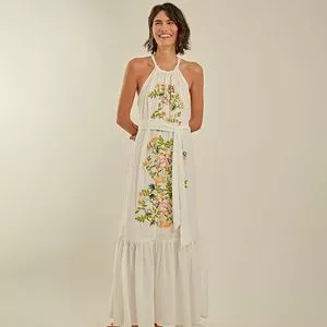 Vestido Longo Folhagens<BR>- Off White