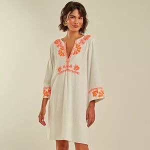 Vestido Curto Com Linho<BR>- Off White & Laranja