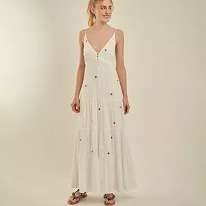 Vestido Longo Com Bordados<BR>- Off White