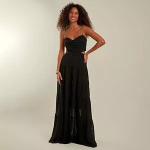 Vestido Longo Com Recortes<BR>- Preto