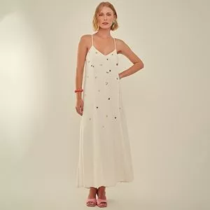 Vestido Midi Com Linho<BR>- Off White