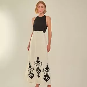 Vestido Midi Com Recortes<BR>- Preto & Off White