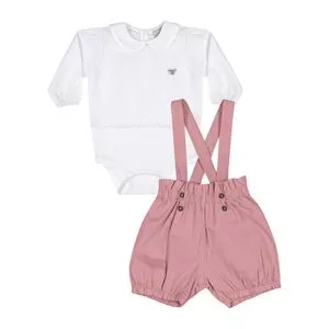 Conjunto De Body & Short Com Recortes<BR>- Branco & Rosa Escuro