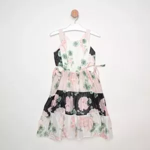 Vestido Floral Com Vazados<BR>- Rosa Claro & Preto