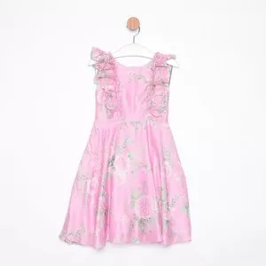 Vestido Floral Com Babados<BR>- Rosa & Verde