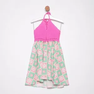 Vestido Frente Única Floral<BR>- Rosa Neon & Verde Água