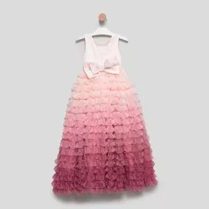 Vestido Com Babados Em Tule<BR>- Rosa Claro & Rosa Escuro