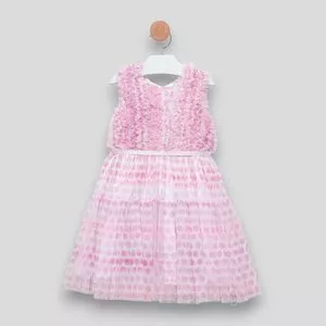 Vestido Tule Com Babados<BR>- Rosa & Branco