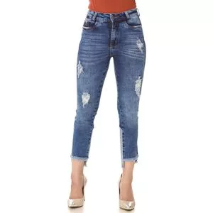 Calça Jeans Cropped Com Recortes<BR>- Azul Marinho & Azul Claro<BR>- Zait Jeans