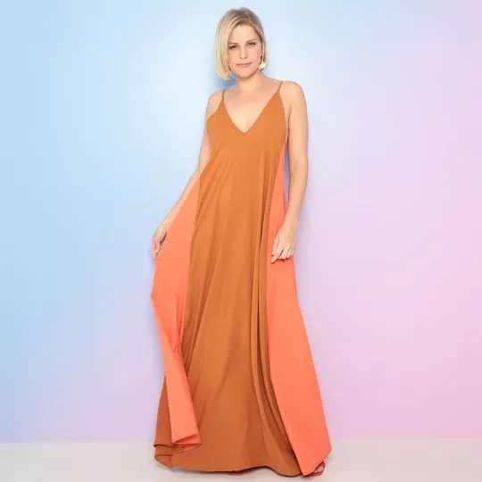 Vestido Longo Com Recortes- Laranja Escuro & Laranja Claro- Sommer