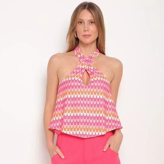 Blusa Frente Única Abstrata- Rosa & Laranja- ZINCO