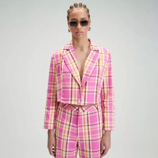 Blazer Cropped Xadrez- Rosa & Amarelo Claro- My Favorite Things