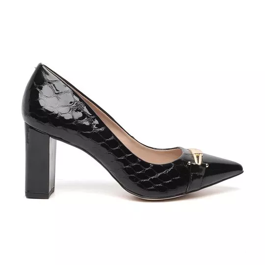 Scarpin Em Couro Com Aviamento - Preto - Salto: 8cm - Luz da Lua