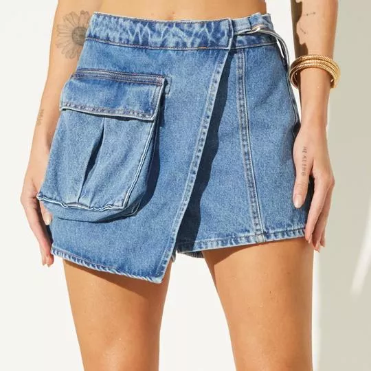 Short Saia Jeans Com Bolso-  Azul- Sommer