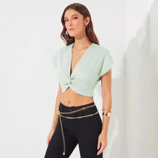 Blusa Cropped com Torcido-  Verde Claro- Sommer