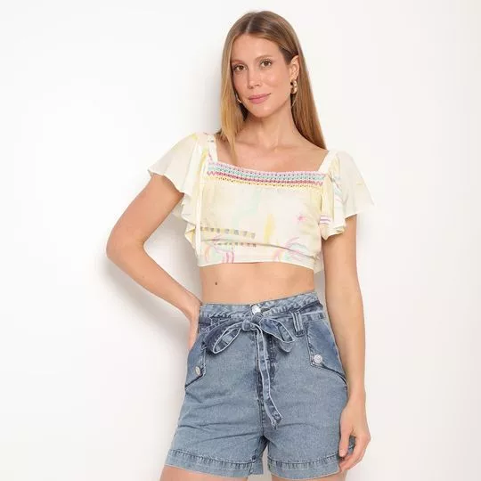 Cropped Com Amarração-  Off White & Amarelo Escuro- ZINCO