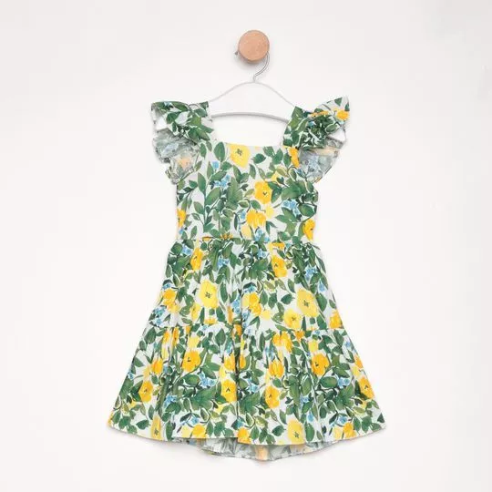 Vestido Floral Com Babados-  Verde Escuro & Branco- PETIT CHERIE