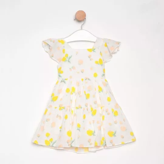 Vestido Frutas Com Recortes-  Branco & Amarelo- PETIT CHERIE