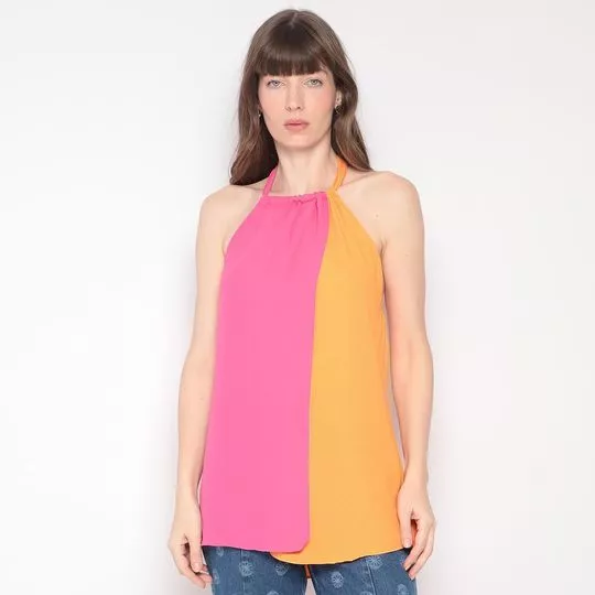 Blusa Frente Única Com Fenda- Laranja & Rosa- ZINCO