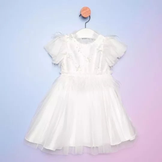 Vestido Com Bordados & Penas- Branco- PETIT CHERIE