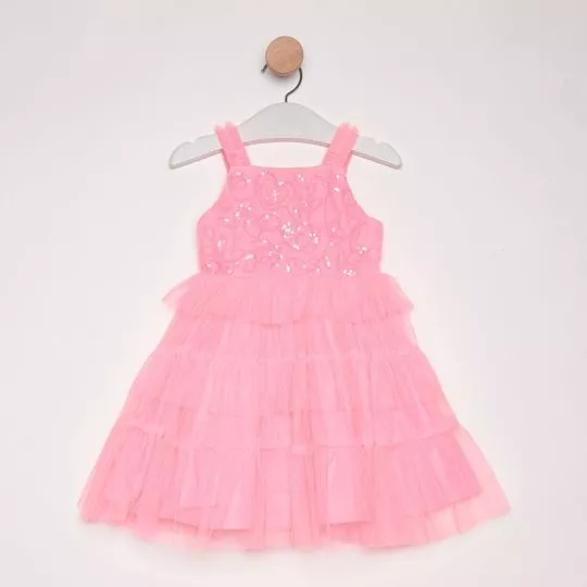 Vestido Com Tule & Bordados- Rosa Neon- PETIT CHERIE