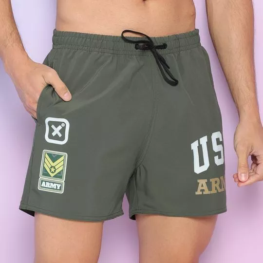 Bermuda D'Água Com Inscrições- Verde Militar & Branca- TXC BRAND