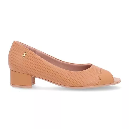 Peep Toe Em Couro Texturizado- Bege- Salto: 3,5cm- Usaflex