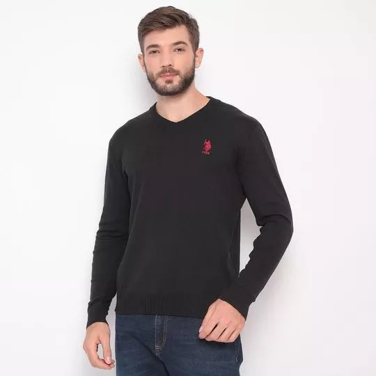 Suéter Com Bordado- Preto & Vermelho- U.S. Polo Assn