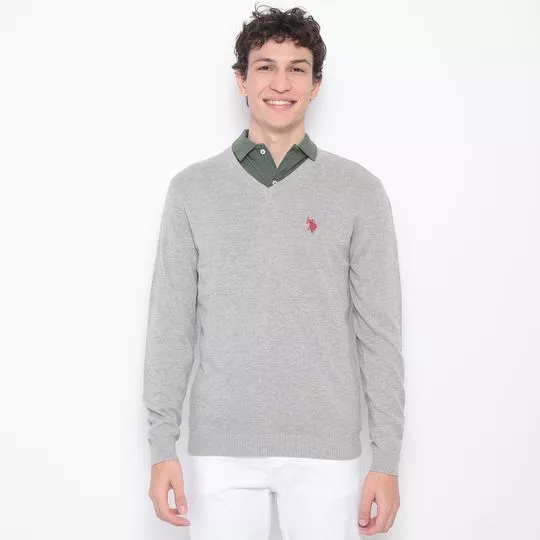 Suéter Em Tricô Com Bordado- Cinza- U.S. Polo Assn