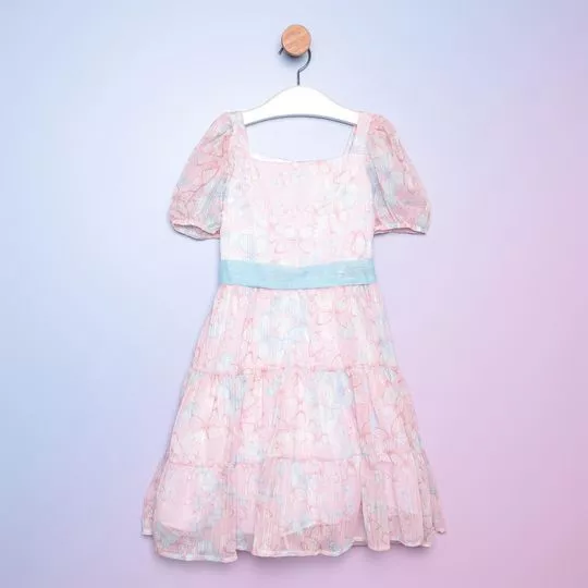 Vestido Borboletas Com Faixa- Rosa & Azul Claro-PETIT CHERIE