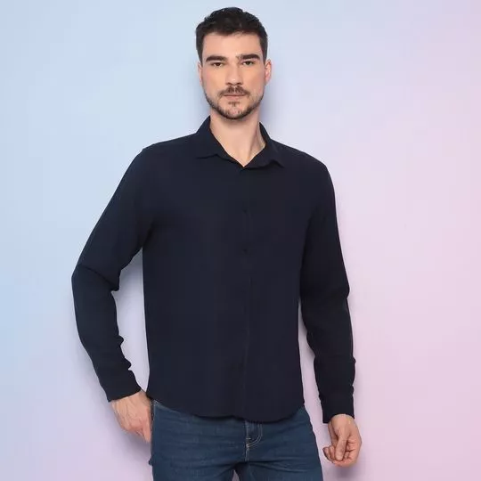 Camisa Regular Com Linho- Azul Marinho-Acostamento