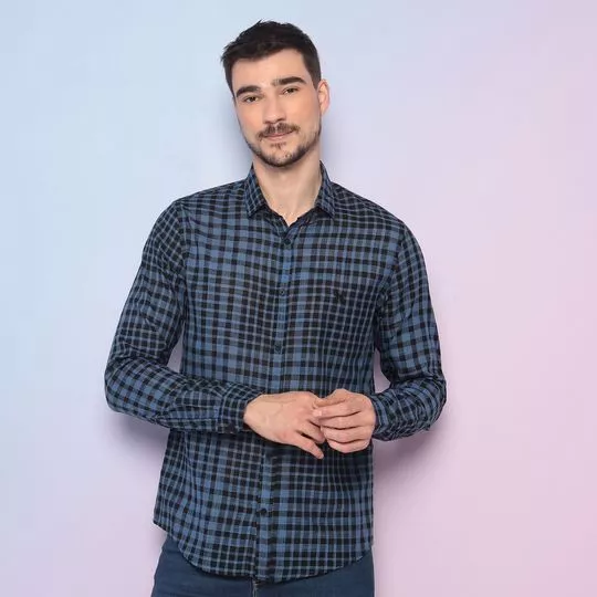 Camisa Slim Fit Xadrez- Azul Escuro & Preta-Acostamento