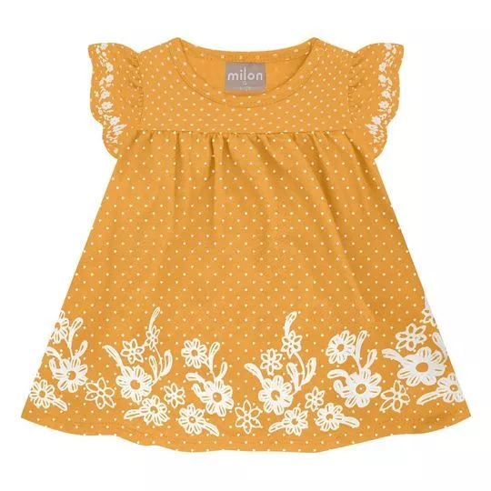 Vestido Poá Com Babados- Amarelo Escuro & Branco- Milon