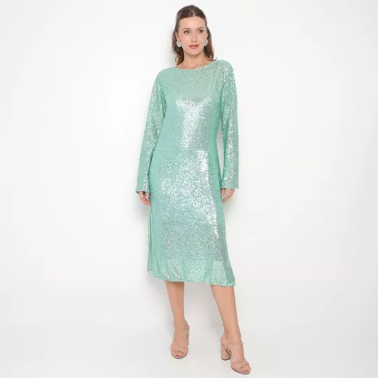 Vestido Midi Em Paetê- Verde Água- Lebôh