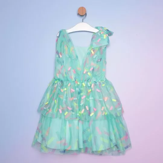 Vestido Abstrato Em Tule- Verde Água & Rosa- Mon Sucré