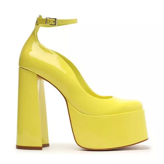 Sapato Meia Pata Com Fivela- Amarelo- Salto: 14cm- Schutz