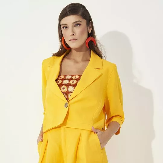 Blazer Cropped Com Linho -  Amarelo - Colcci