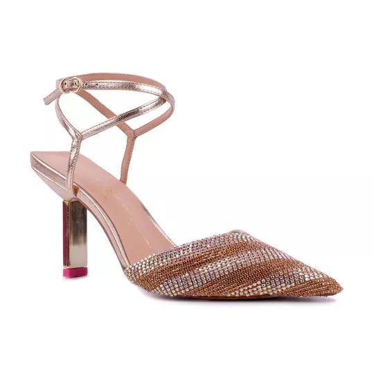 Slingback Em Couro Com Strass -  Rosê Gold & Dourado -  Salto: 5,9cm - Luiza Barcelos