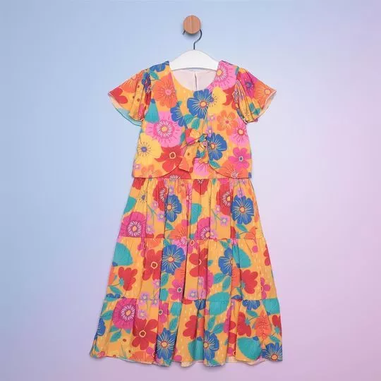 Vestido Floral Com Amarração -  Laranja & Vermelho - Mon Sucré