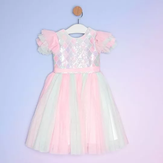 Vestido Com Tule & Paetês -  Rosa Claro & Azul Claro - PETIT CHERIE