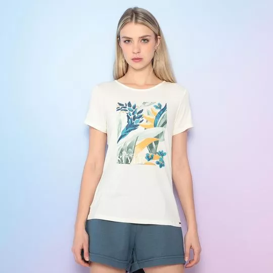 Camiseta Folhagens Com Inscrições -  Off White & Verde Militar - Marialícia