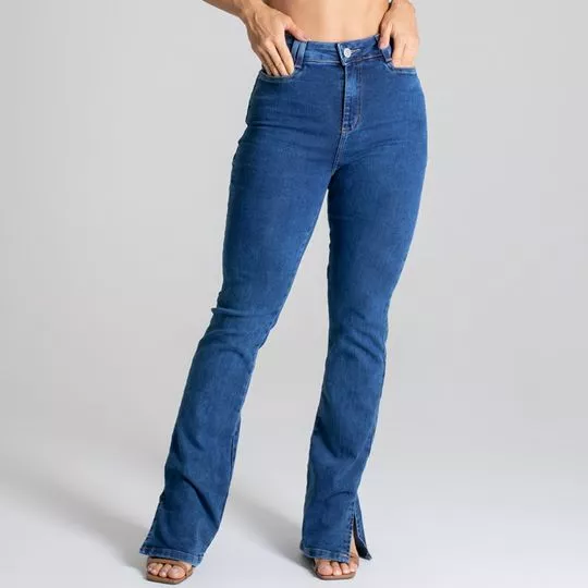 Calça Jeans Flare Com Fenda -  Azul Escuro - Sawary