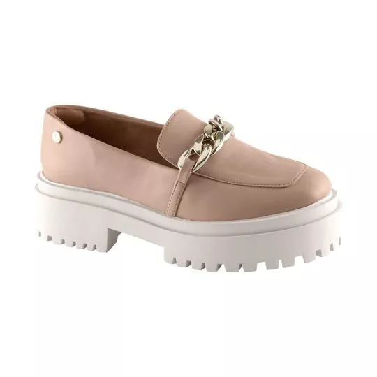 Loafer Meia Pata Com Corrente -  Marrom Claro & Branco -  Salto: 5cm - VIA UNO