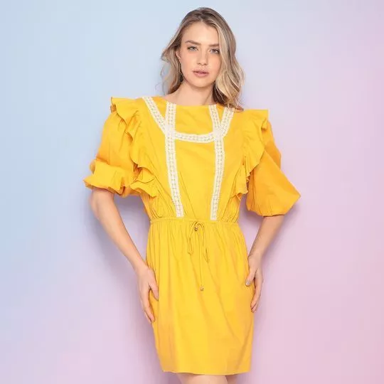 Vestido Curto Com Babados -  Amarelo & Off White - Skazi