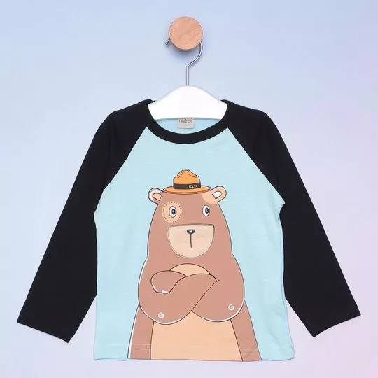 Camiseta Infantil Com Urso -  Preto & Azul Claro - Ralakids