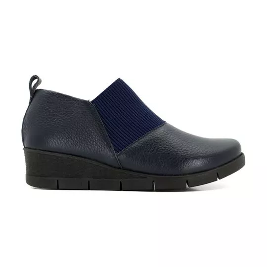 Ankle Boot Anabela Em Couro -  Azul Marinho -  Salto: 3,5cm - Usaflex