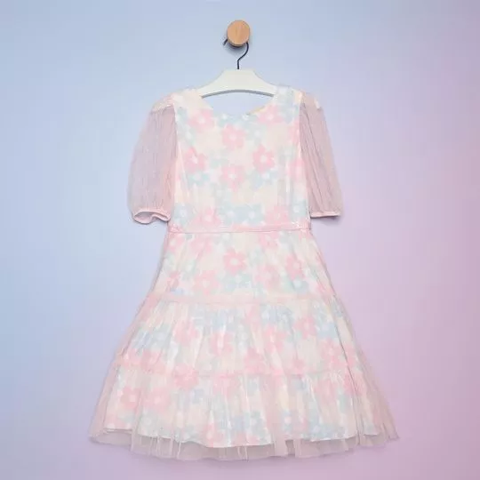 Vestido Floral Em Tule- Rosa Claro & Branco- PETIT CHERIE