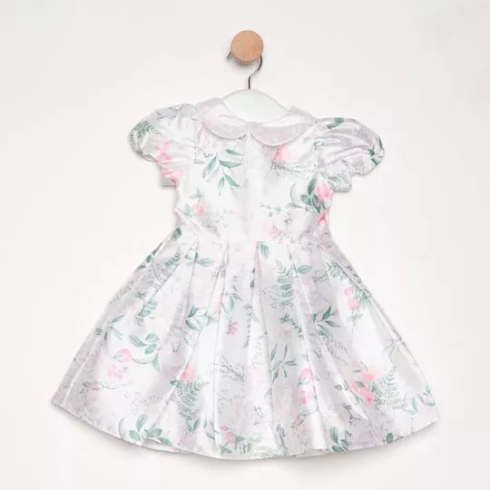 Vestido Floral Acetinado- Branco & Verde Escuro- PETIT CHERIE