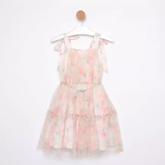 Vestido Floral Em Tule- Laranja Claro & Verde Claro