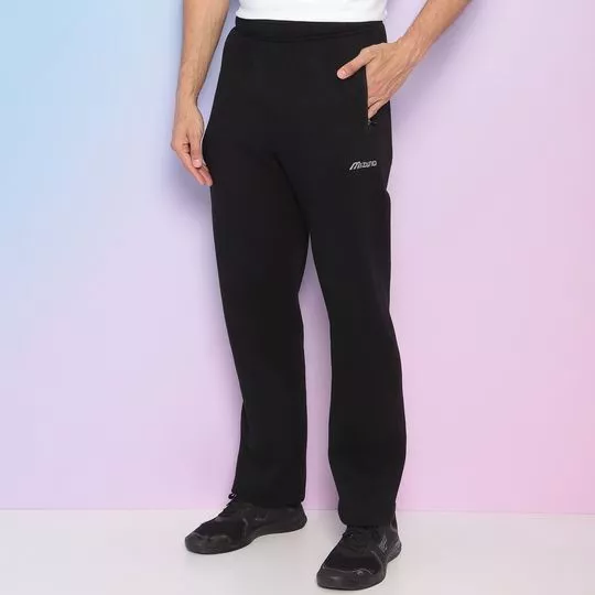 Calça Reta Com Bolsos- Preta & Branca- Mizuno